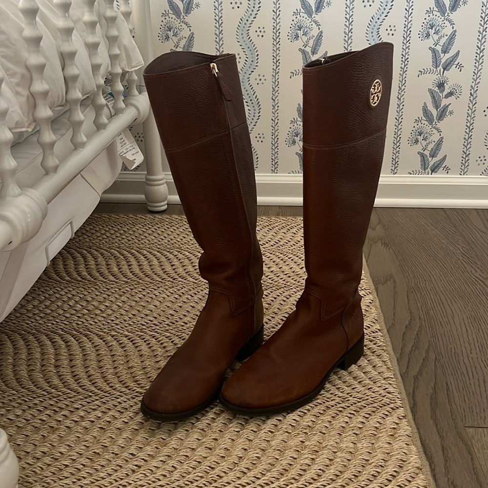 Tory Burch Brown Junction Riding Boots with gold hardware